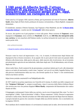 I 100 Anni Di Alberto Sordi, L'attore Simbolo Di Un'epoca Che Fu La Perfetta Maschera Dell'italiano Medio E Che, Oggi