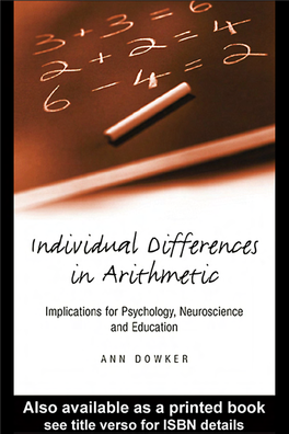 Individual Differences in Arithmetic: Implications for Psychology, Neuroscience, and Education/Ann Dowker