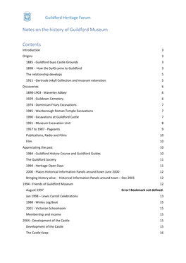 Notes on the History of Guildford Museum Contents