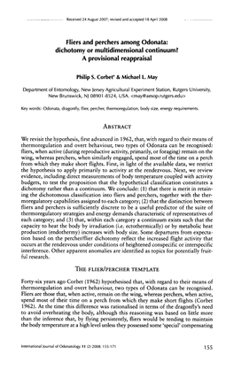 Fliers and Perchers Among Odonata: Dichotomy Or Multidimensional Continuum? a Provisional Reappraisal