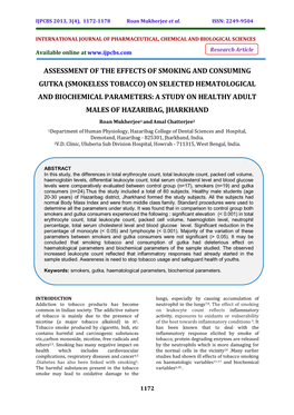 (Smokeless Tobacco) on Selected Hematological and Biochemical Parameters: a Study on Healthy Adult Males of Hazaribag, Jharkhand