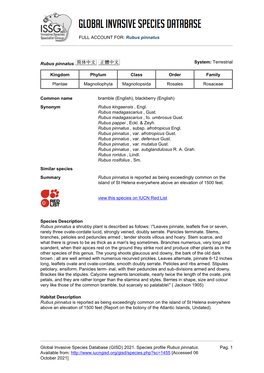 FULL ACCOUNT FOR: Rubus Pinnatus Global Invasive Species Database (GISD) 2021. Species Profile Rubus Pinnatus. Available From: H