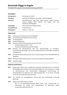Gemeinde Rügge in Angeln Protokoll Sitzung Der Gemeindevertretung III/2017
