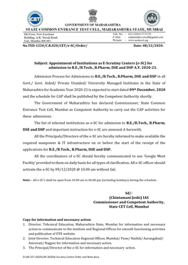 Subject: Appointment of Institutions As E-Scrutiny Centers (E-SC) for Admission to B.E./B.Tech., B.Pharm, DSE and DSP A.Y