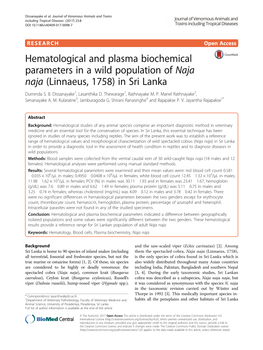 Hematological and Plasma Biochemical Parameters in a Wild Population of Naja Naja (Linnaeus, 1758) in Sri Lanka Duminda S