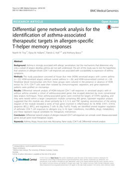 Differential Gene Network Analysis for the Identification of Asthma-Associated Therapeutic Targets in Allergen-Specific T-Helper Memory Responses Niamh M