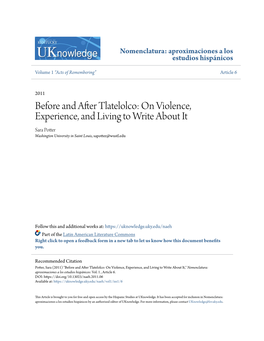 Before and After Tlatelolco: on Violence, Experience, and Living to Write About It Sara Potter Washington University in Saint Louis, Sapotter@Wustl.Edu