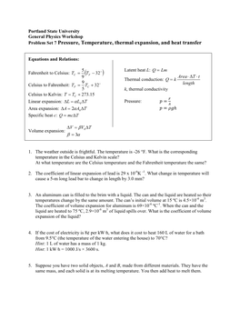 Problem Set 7 Pressure, Temperature, Thermal Expansion, and Heat Transfer