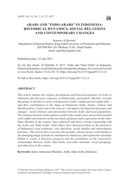 Arabs and "Indo-Arabs" in Indonesia: Historical Dynamics, Social Relations and Contemporary Changes