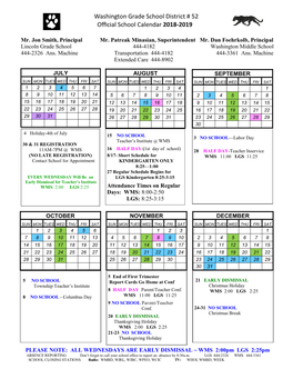 Washington Grade School District # 52 Official School Calendar 2018-2019