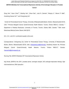 ZBTB7A Mediates the Transcriptional Repression Activity of the Androgen Receptor in Prostate