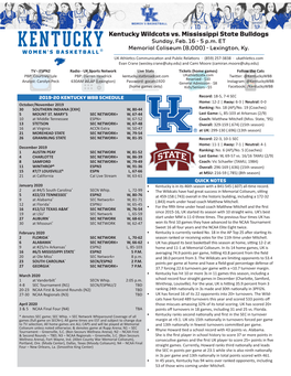 Kentucky Wildcats Vs. Mississippi State Bulldogs Sunday, Feb