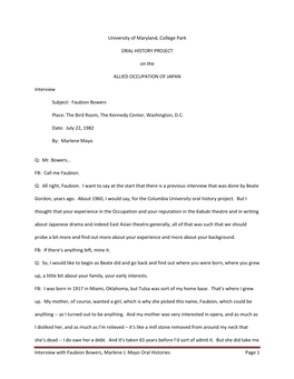 Interview with Faubion Bowers, Marlene J. Mayo Oral Histories Page 1 University of Maryland, College Park ORAL HISTORY PROJECT O