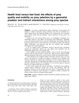 The Effects of Prey Quality and Mobility on Prey Selection by a Generalist Predator and Indirect Interactions Among Prey Species