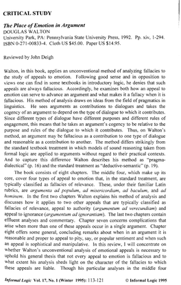 CRITICAL STUDY the Place of Emotion in Argument