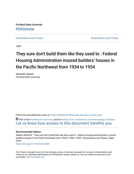 Federal Housing Administration Insured Builders' Houses in the Pacific Northwest from 1934 to 1954