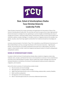 Dean, School of Interdisciplinary Studies Texas Christian University Leadership Profile