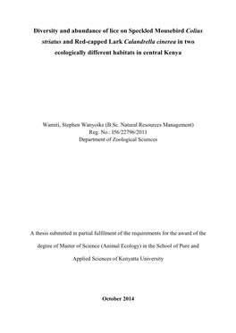 Diversity and Abundance of Lice on Speckled Mousebird Colius Striatus and Red-Capped Lark Calandrella Cinerea in Two Ecologically Different Habitats in Central Kenya