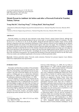 Metals Present in Ambient Air Before and After a Firework Festival in Yanshui, Tainan, Taiwan