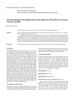 Of the Early Pleistocene Nelson Bay Local Fauna, Victoria, Australia