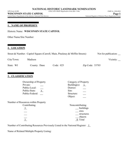 WISCONSIN STATE CAPITOL Page 1 United States Department of the Interior, National Park Service National Register of Historic Places Registration Form