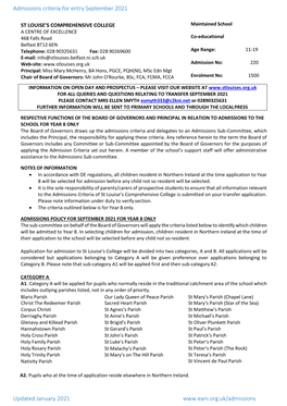 Admissions Criteria for Entry September 2021 Updated January