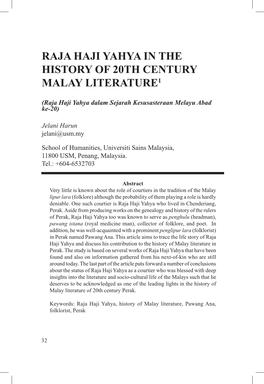 Raja Haji Yahya in the History of 20Th Century Malay