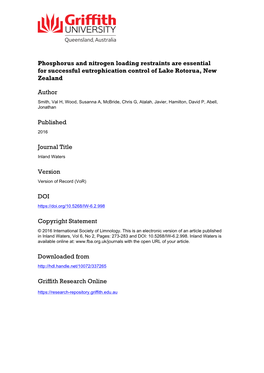 Phosphorus and Nitrogen Loading Restraints Are Essential for Successful Eutrophication Control of Lake Rotorua, New Zealand