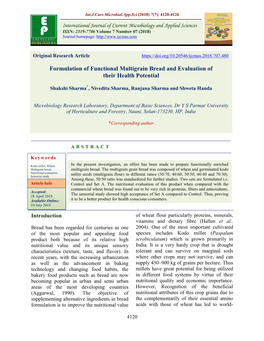 Formulation of Functional Multigrain Bread and Evaluation of Their Health Potential