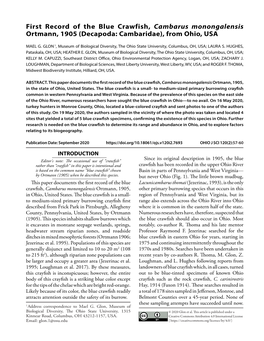 First Record of the Blue Crawfish, Cambarus Monongalensis Ortmann, 1905 (Decapoda: Cambaridae), from Ohio, USA