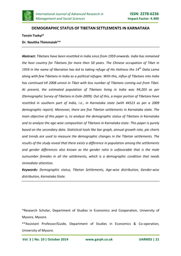 DEMOGRAPHIC STATUS of TIBETAN SETTLEMENTS in KARNATAKA Tenzin Tsekyi* Dr