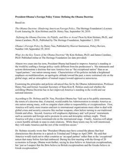 President Obama's Foreign Policy Vision: Defining the Obama Doctrine Based On: the Obama Doctrine: Hindering American Foreign