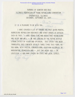 REMARKS of SENATOR BOB DOLE ILLINOIS FEDERATION of YOUNG REPUBLICANS CONVENTION SPRINGFIELD) ILLINOIS SATURDAY) SEPTEMBER Loj 1977