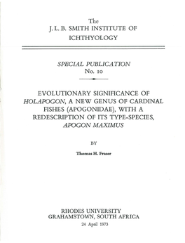 The J. L. B. SMITH INSTITUTE of ICHTHYOLOGY SPECIAL