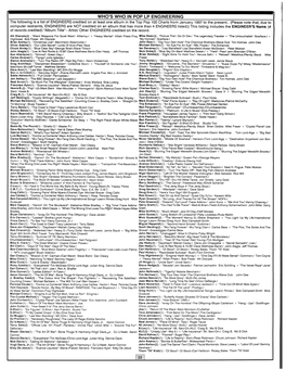 WHO's WHO in POP LP ENGINEERING the Following Is a List of ENGINEERS Credited on at Least One Album in the Top Pop 100 Charts from January 1997 to the Present