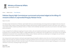 Pakistan Deputy High Commissioner Summoned and Protest Lodged at the Killing of 5 Innocent Civilians in Unprovoked Firing by Pakistan Forces