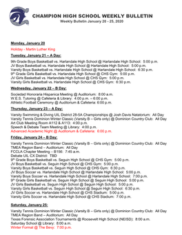 CHAMPION HIGH SCHOOL WEEKLY BULLETIN Weekly Bulletin January 20 - 25, 2020