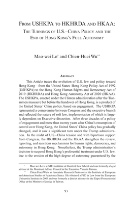 From USHKPA to HKHRDA and HKAA: the Turnings of U.S.–China Policy and the End of Hong Kong’S Full Autonomy