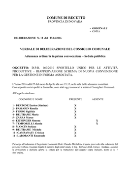 Comune Di Recetto Provincia Di Novara