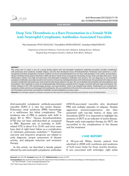 Deep Vein Thrombosis As a Rare Presentation in a Female with Anti-Neutrophil Cytoplasmic Antibodies-Associated Vasculitis