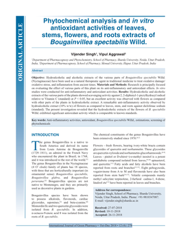 Phytochemical Analysis and in Vitro Antioxidant Activities of Leaves, Stems, Flowers, and Roots Extracts of Bougainvillea Spectabilis Willd