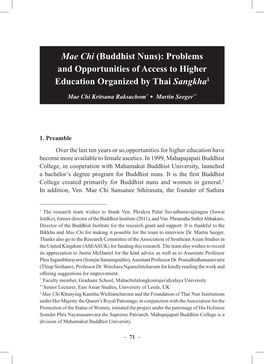 Buddhist Nuns): Problems and Opportunities of Access to Higher Education Organized by Thai Sangkha1