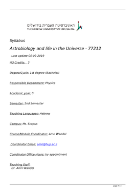 Syllabus Astrobiology and Life in the Universe - 77212