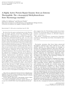 A Highly Active Protein Repair Enzyme from an Extreme Thermophile: the L-Isoaspartyl Methyltransferase from Thermotoga Maritima1