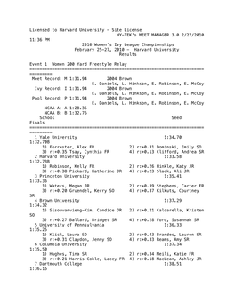 2010 11:36 PM 2010 Women's Ivy League Championships February 25-27, 2010 - Harvard University Results