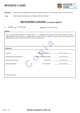 Determinazione Dirigenziale Della Regione Lazio N° G00029 Del 7 Gennaio 2020