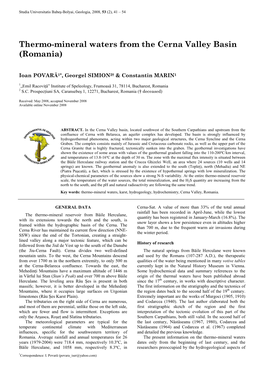 Thermo-Mineral Waters from the Cerna Valley Basin (Romania)