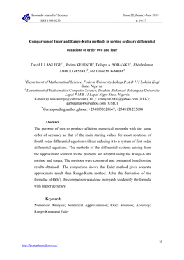 Comparison of Euler and Range-Kutta Methods in Solving Ordinary Differential
