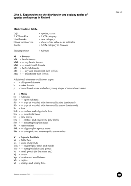 Liite 1. Explanations to the Distribution and Ecology Tables of Agarics and Boletes in Finland