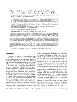 Effect of the Number of Rol Genes Integrations on Phenotypic Variation in Hairy Root-Derived Hypericum Perforatum L. Plants